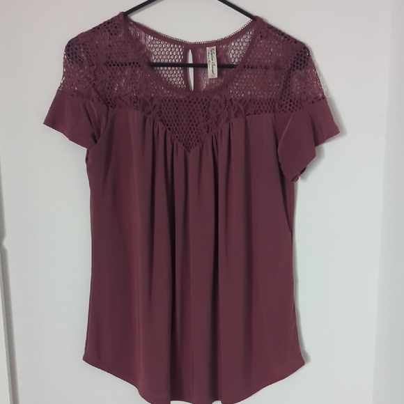 PerSeption Concept Tops - PerSeption Concept Burgundy Lace Accent Blouse